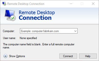 Image shows Remote Desktop Connection, Computer: (fill in computer name), then click Connect.