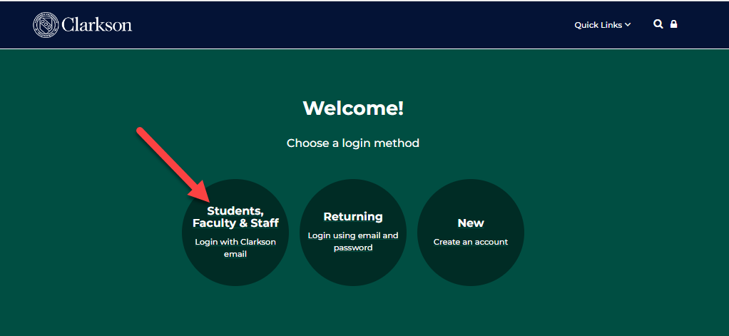 Learn login screen with three buttons. Arrow indicates button to login as a current clarkson student, faculty or staff. 