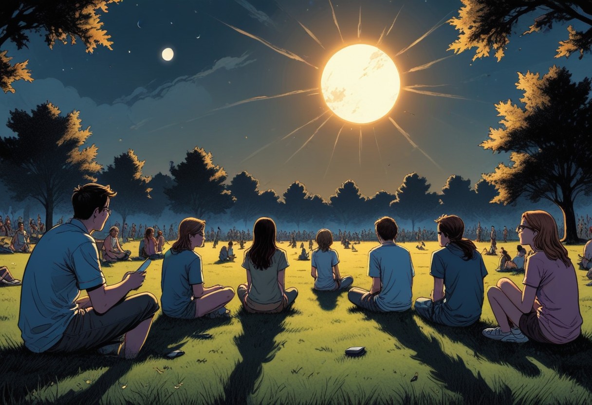 Comic style image of students on the lawn watching the eclipse