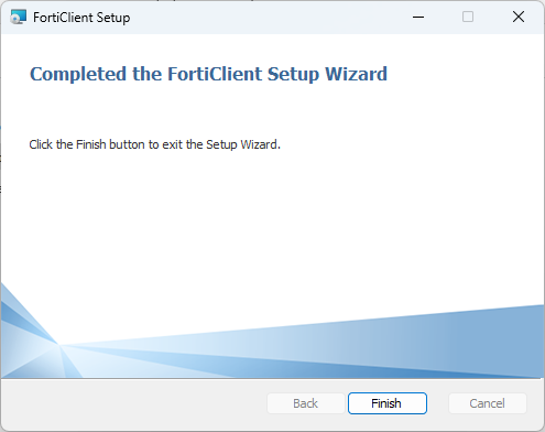 FortiClient Setup screenshot 4 - click Finish.