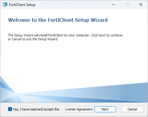 FortiClient Setup screenshot 1 - click Next.