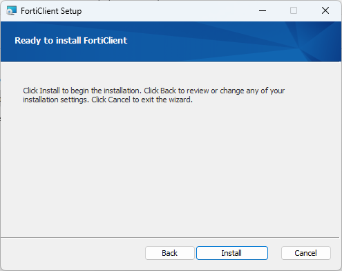 FortiClient Setup screenshot 3 - click Install.