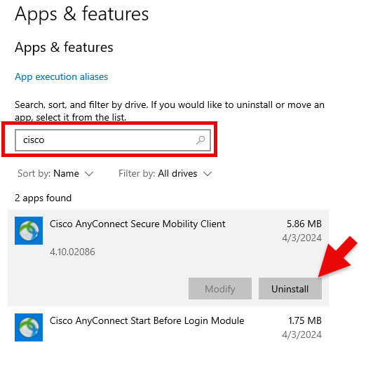 search cisco, then click uninstall