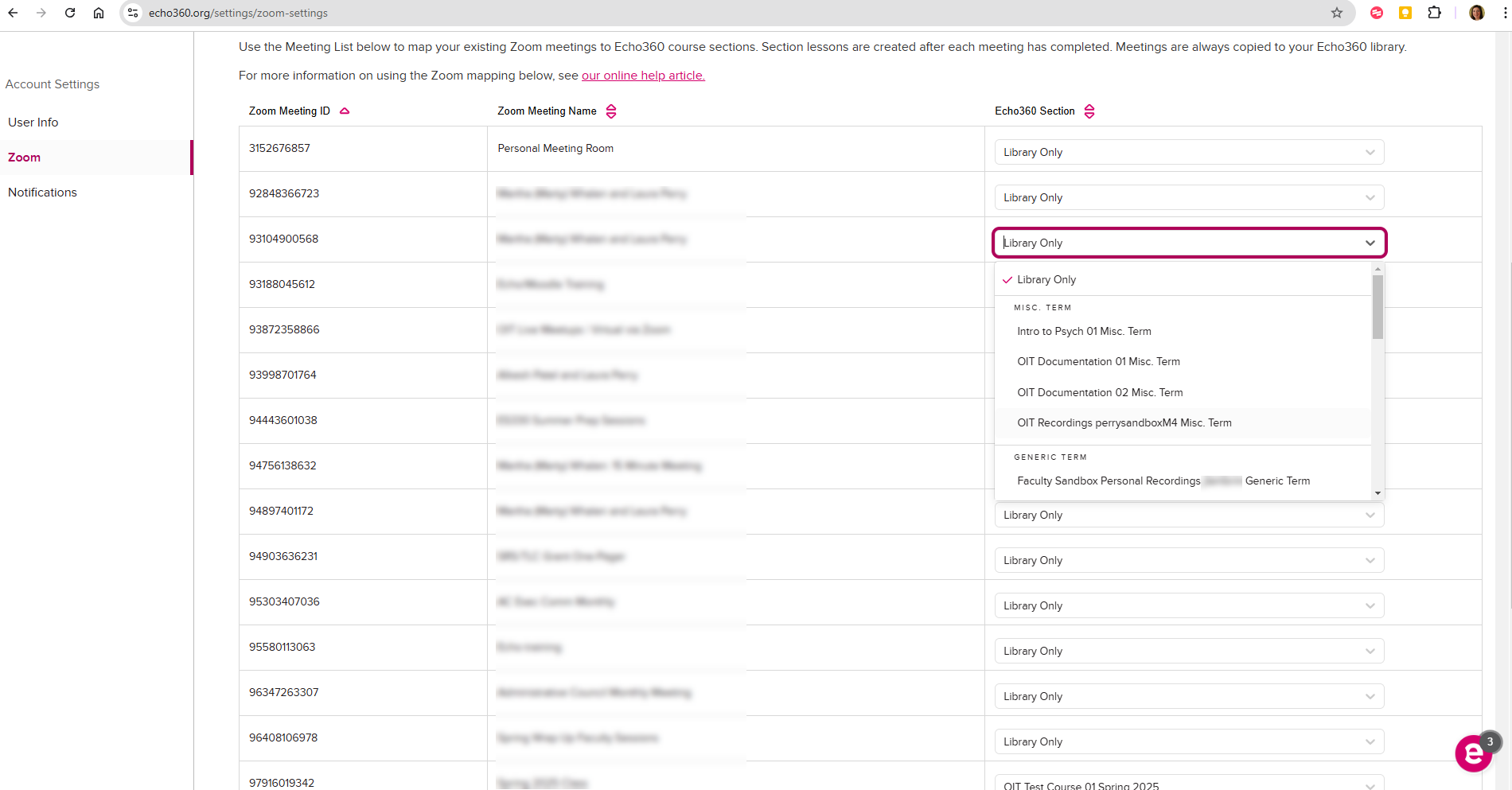 Screenshot shows a list of Zoom Meeting IDs and a drop down menu to select desired course in the right column. urses