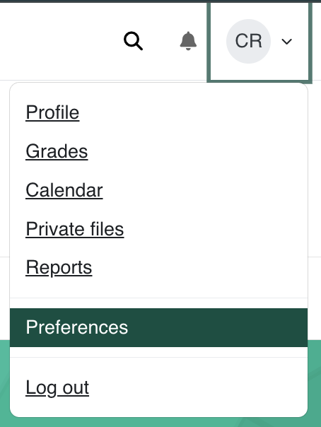 Profile icon with items grades, calendar, private files, reports, preferences and log out