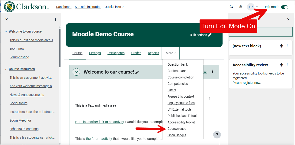 Look for Course reuse in More drop down