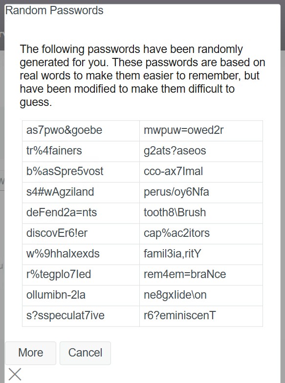 Random Passwords selection dialog