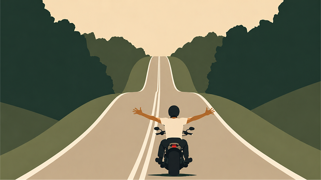 person motorcycle happily going down an open road