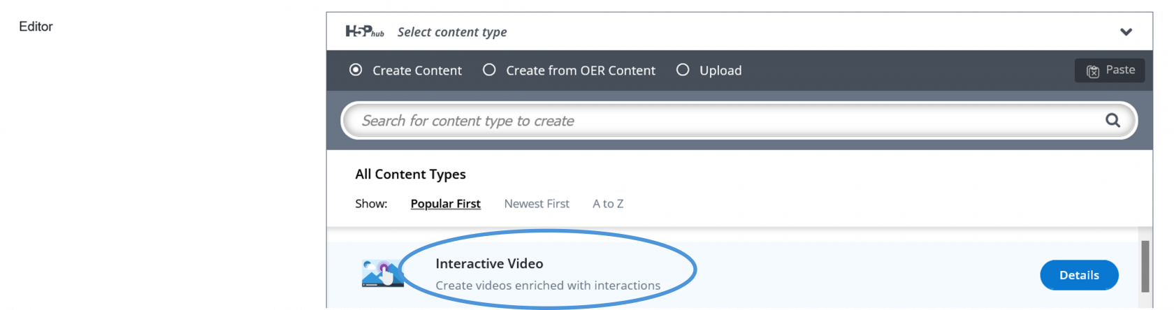 Interactive Video activity type selector